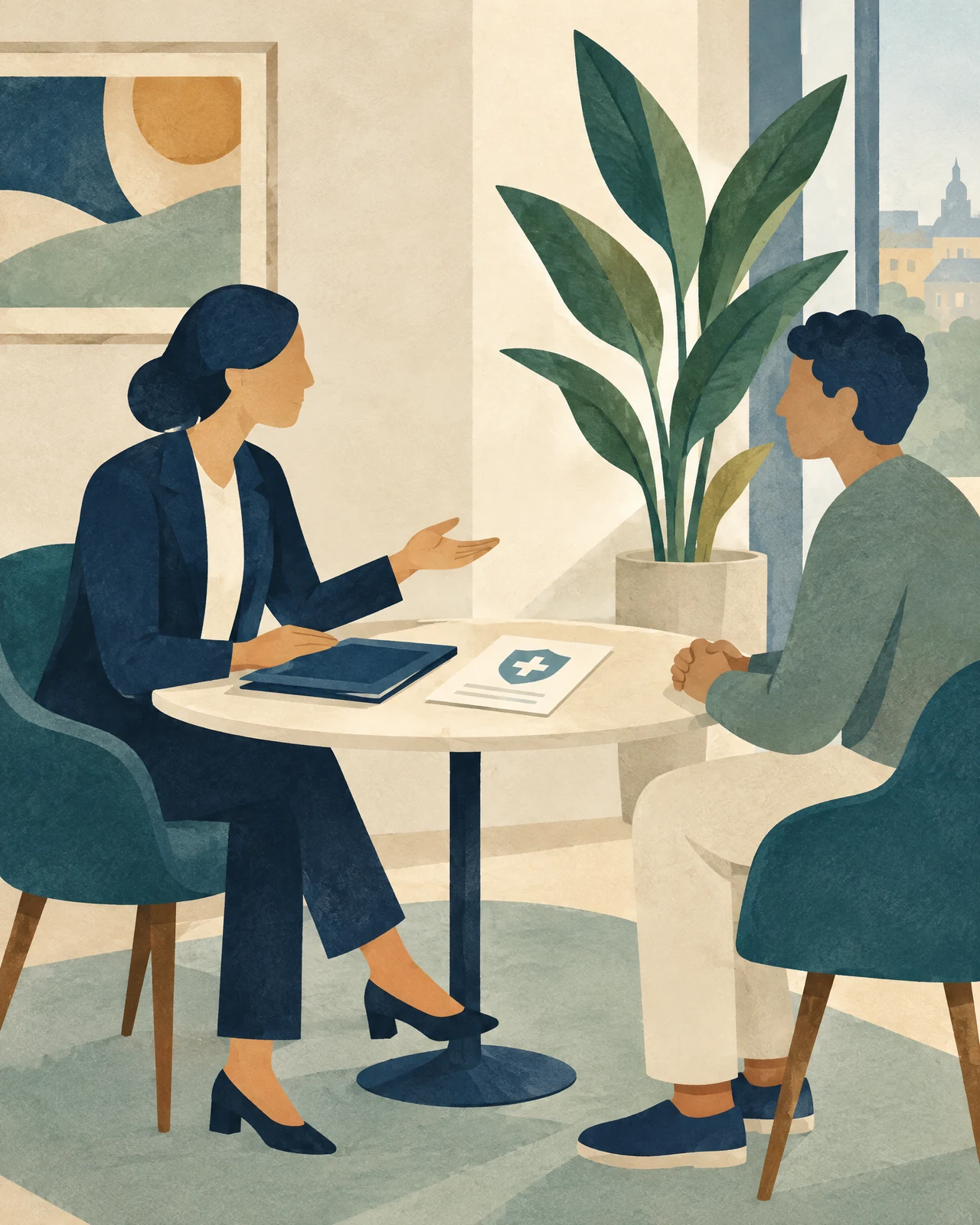 Editorial illustration of an English-speaking health-insurance guidance conversation